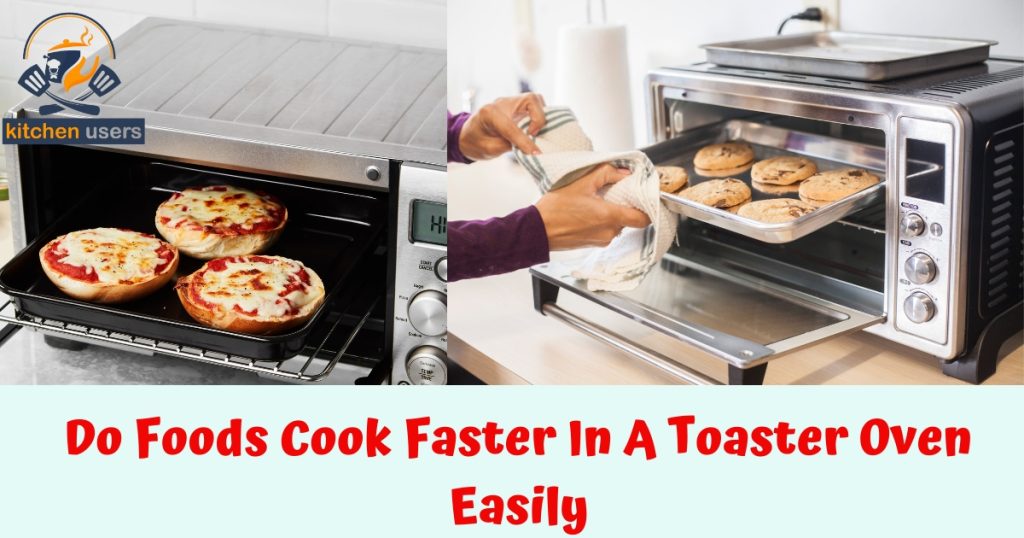 A toaster oven with a timer and food inside, suggesting faster cooking times